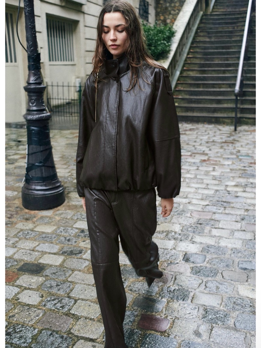 Zara Dark Brown Leather Bomber Jacket